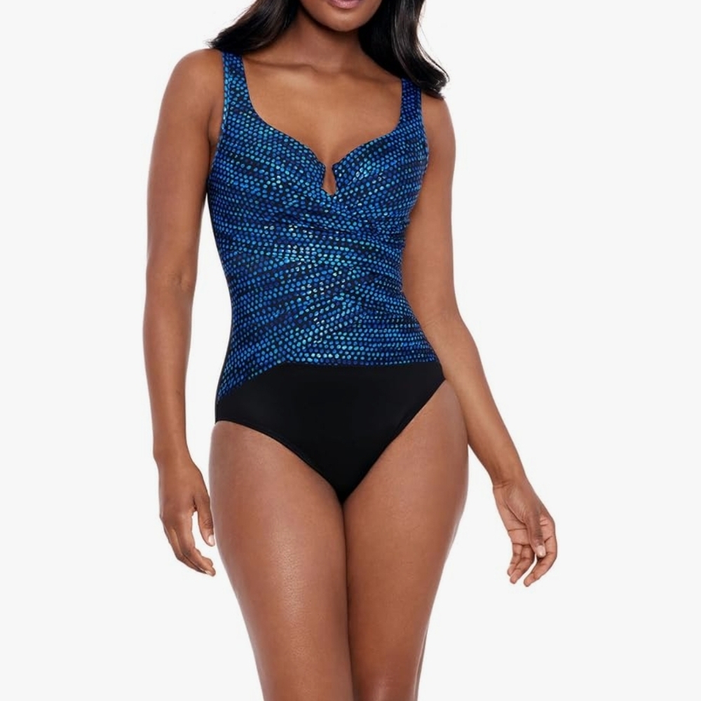 Blue Printed One-Piece Swimwear with Black Bottom